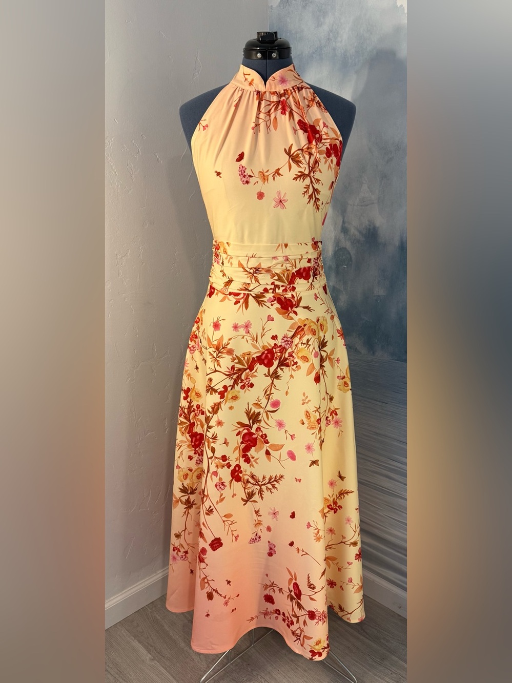 Yellow Floral Halter Maxi Dress #378